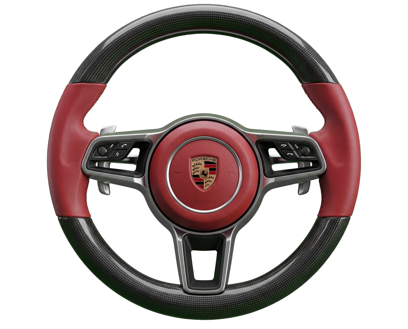 Porsche interior with custom red and black steering wheel upgrade
